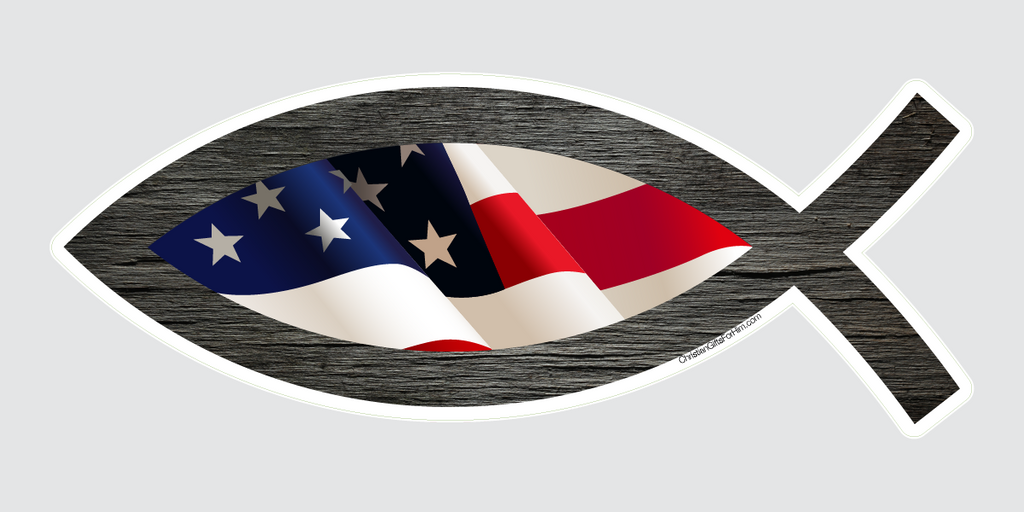 USA flag sticker with the American flag in the middle and an outline of a black fish surrounding the flag.