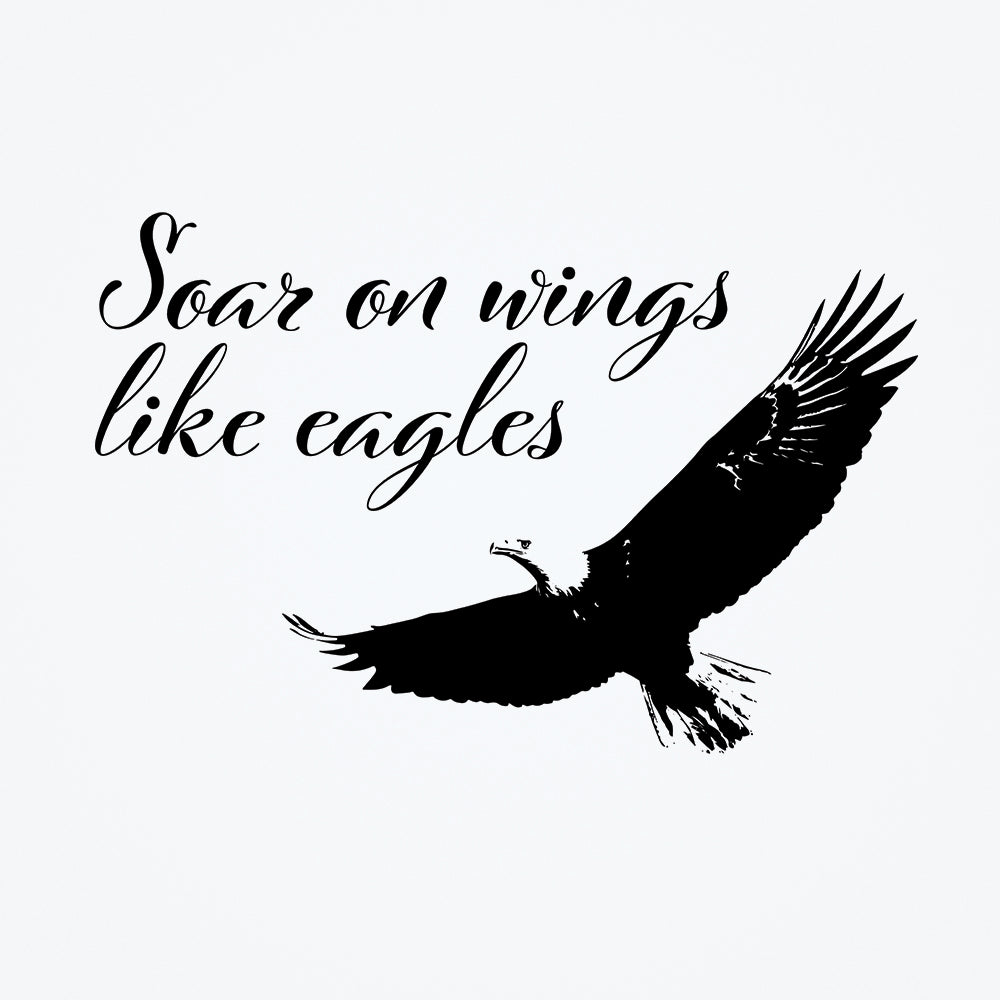 A wall sticker with an eagle on it and black and white cursive text.